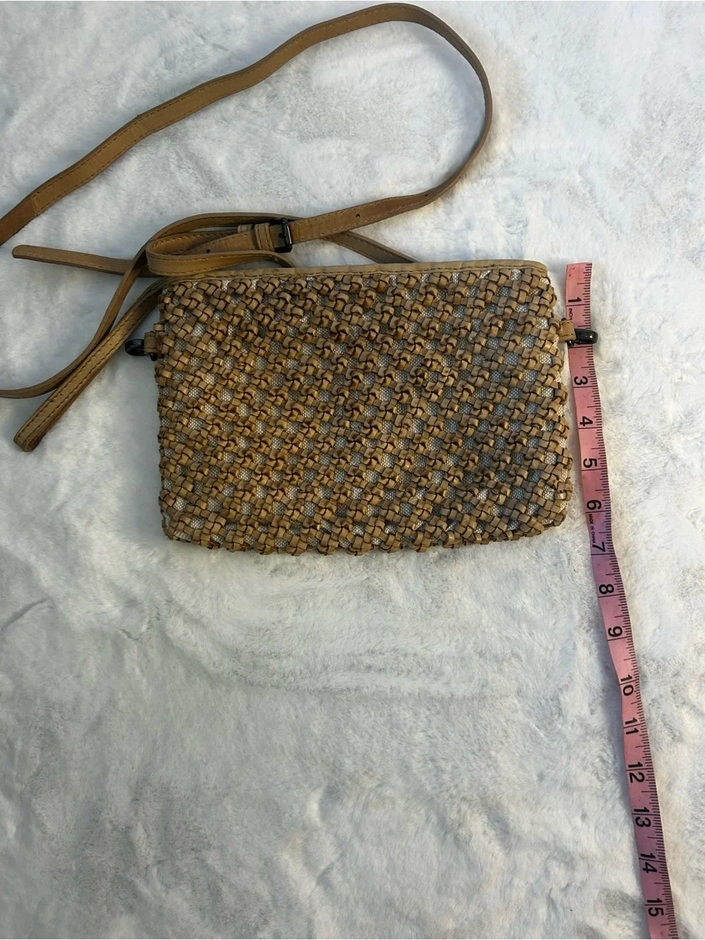 Woven Leather Crossbody Bag Tan Boho Shoulder Purse Neutral Basket Weave